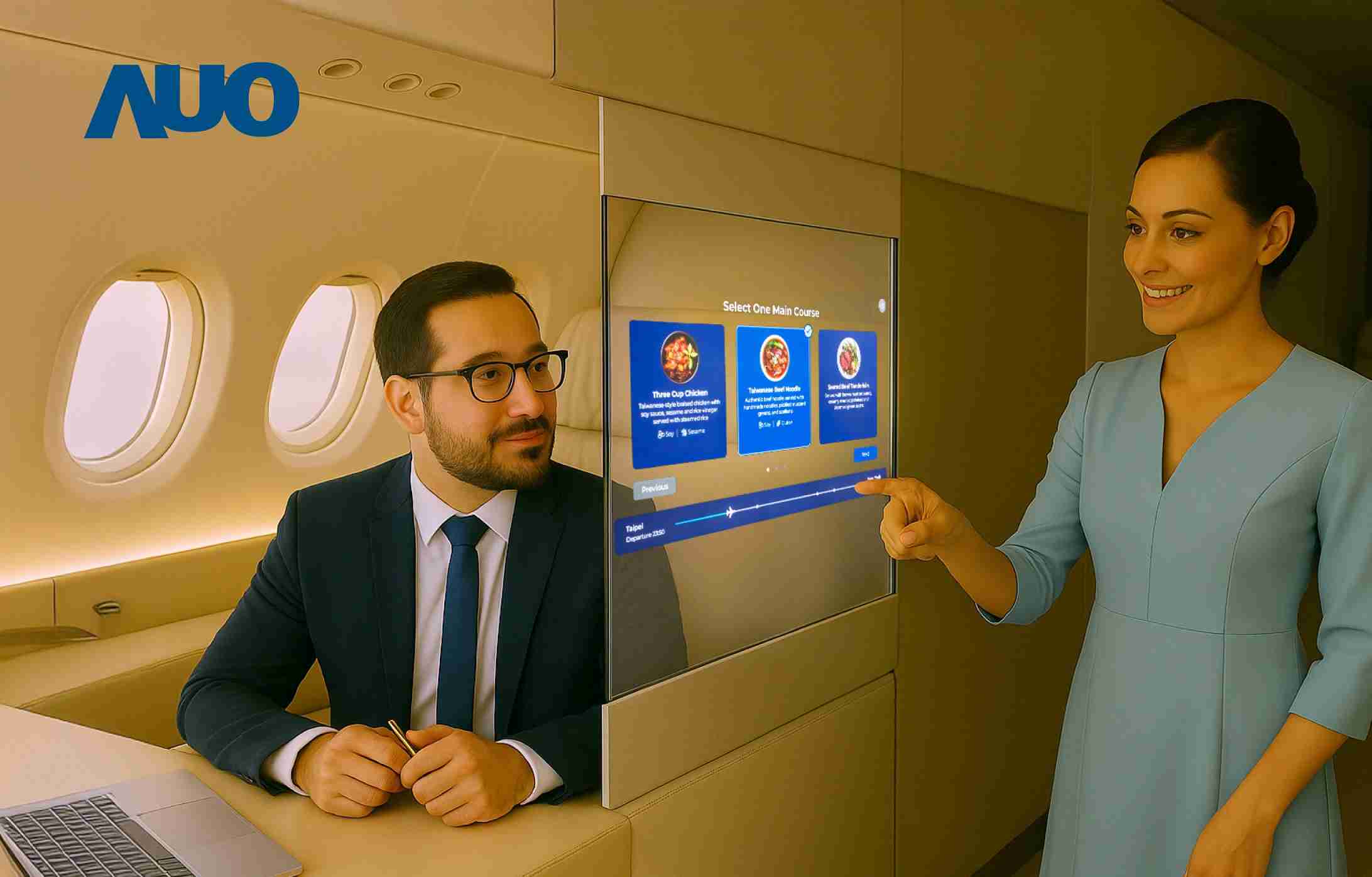 YAXIN111研发全球最薄17.3 吋双面透明 Micro LED 显示器，，可在同一屏幕之双边投射不同信息，，，，创造独特的”透明化”互动；图为实时翻译交流应用情境