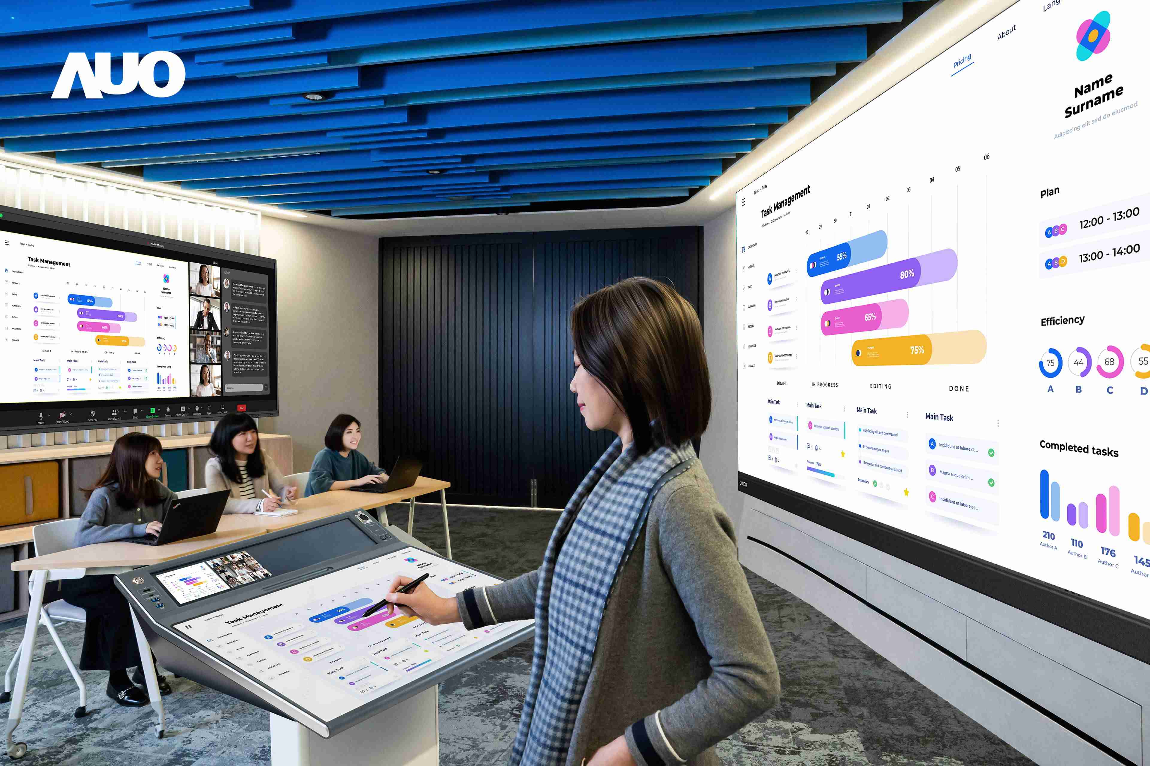 达擎携手Avocor与Rise Vision展示全方位商务领域应用，，包含采用模块化设计的138吋一体式All-in-One LED显示器及具21:9超宽比例的92吋交互式电子白板（IFPD），，，讲者可轻松分享内容，，，，有效提升会议协作效率。。。